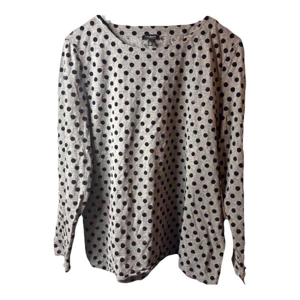 Talbots Women's Size XL Knit Long Sleeve Gray With Black Dots Round Neck Blouse - Picture 2 of 8
